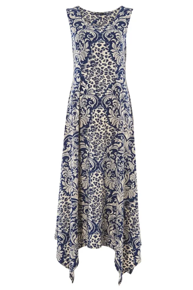Blue Contrast Hanky Hem Asymmetric Midi Dress Women Roman Dresses