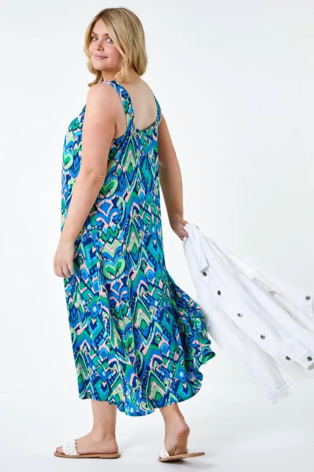 Blue Curve Abstract Ring Detail Midi Dress Women Roman Dresses