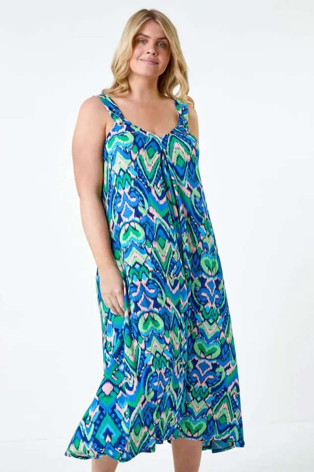Blue Curve Abstract Ring Detail Midi Dress Women Roman Dresses