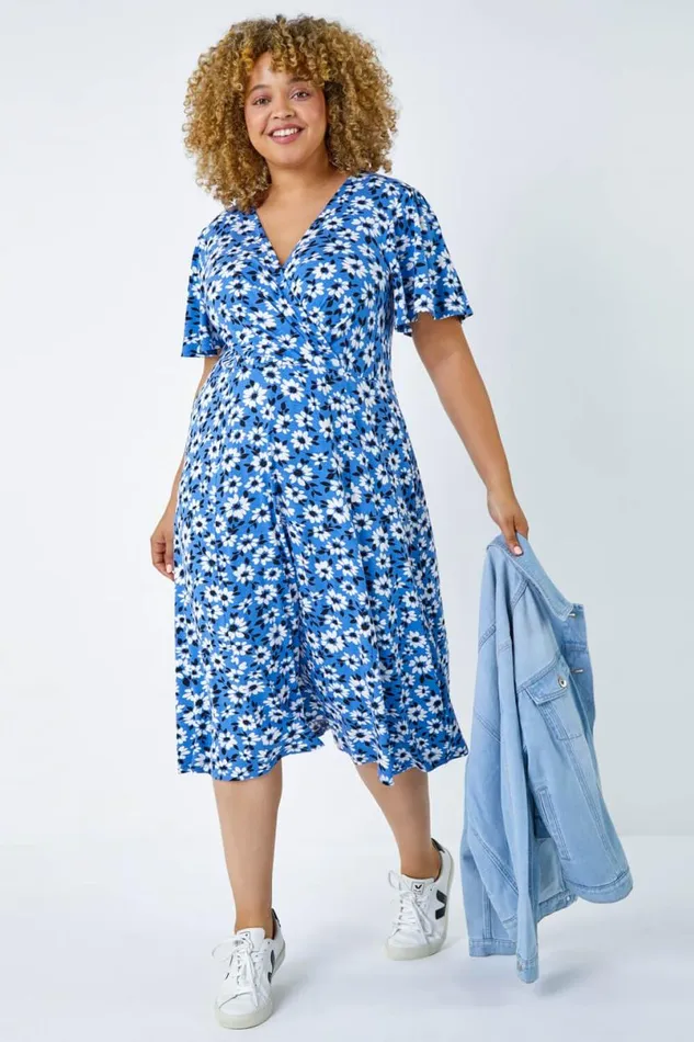 Blue Curve Floral Print Midi Wrap Dress Women Roman Dresses