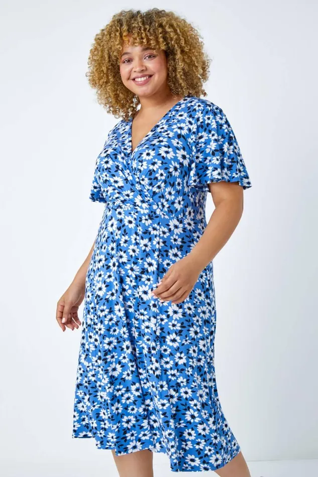 Blue Curve Floral Print Midi Wrap Dress Women Roman Dresses