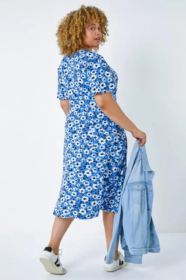 Blue Curve Floral Print Midi Wrap Dress Women Roman Dresses