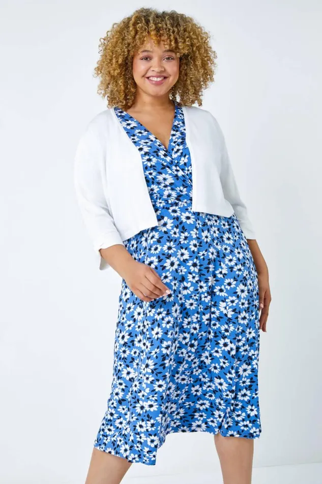 Blue Curve Floral Print Midi Wrap Dress Women Roman Dresses