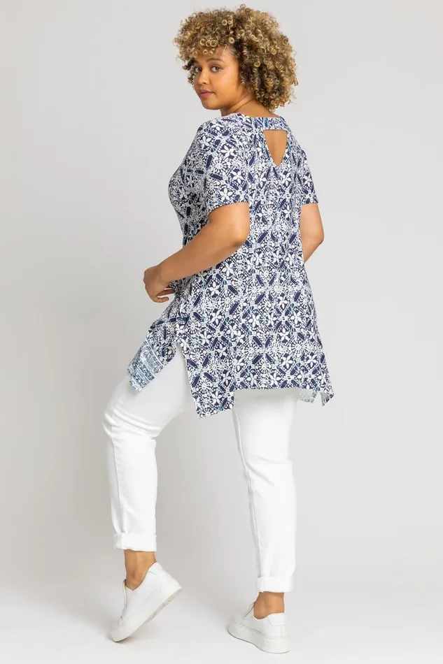 Blue Curve Geo Stretch Jersey Tunic Top Women Roman Tops