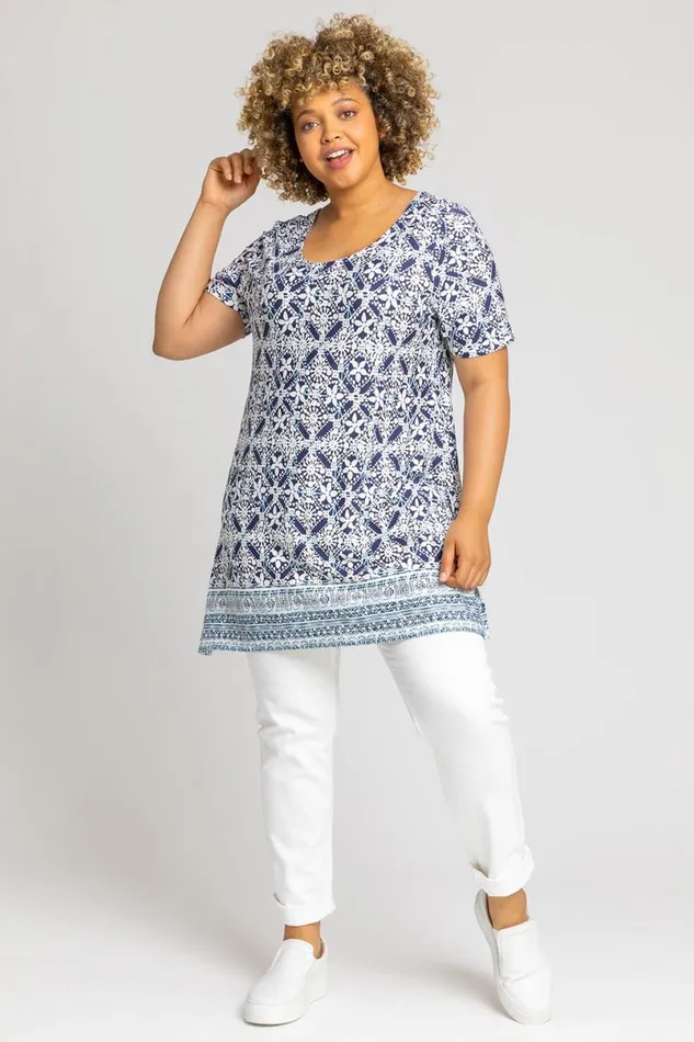 Blue Curve Geo Stretch Jersey Tunic Top Women Roman Tops