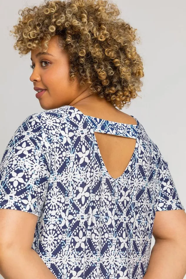 Blue Curve Geo Stretch Jersey Tunic Top Women Roman Tops