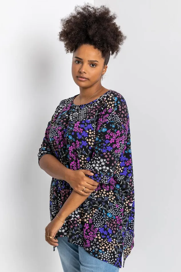 Blue Curve Patchwork Floral Print Tunic Top Women Roman Tops