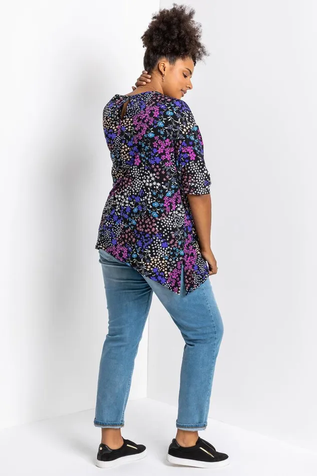 Blue Curve Patchwork Floral Print Tunic Top Women Roman Tops