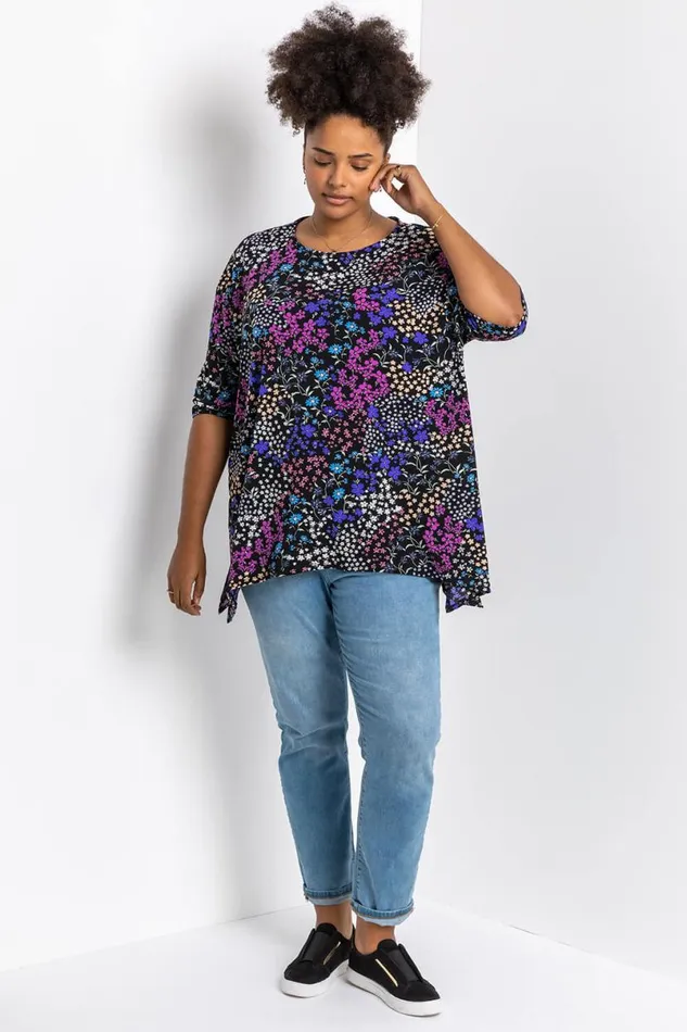 Blue Curve Patchwork Floral Print Tunic Top Women Roman Tops