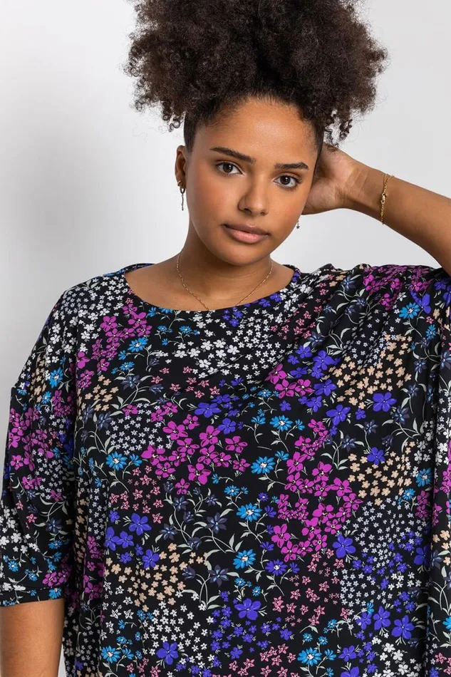Blue Curve Patchwork Floral Print Tunic Top Women Roman Tops