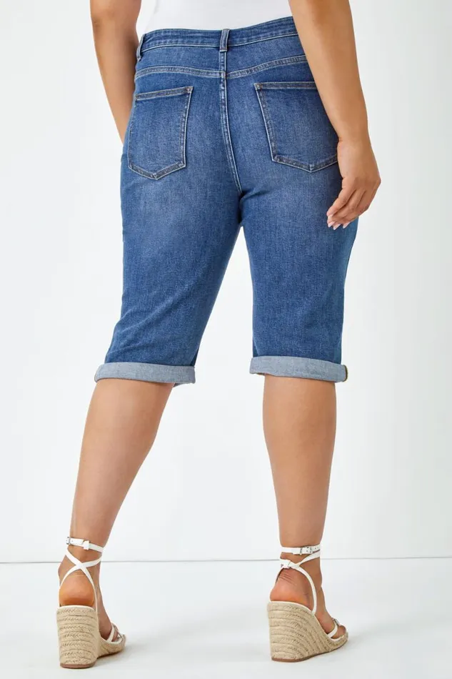 Blue Curve Stretch Knee Length Denim Shorts Women Roman Trousers