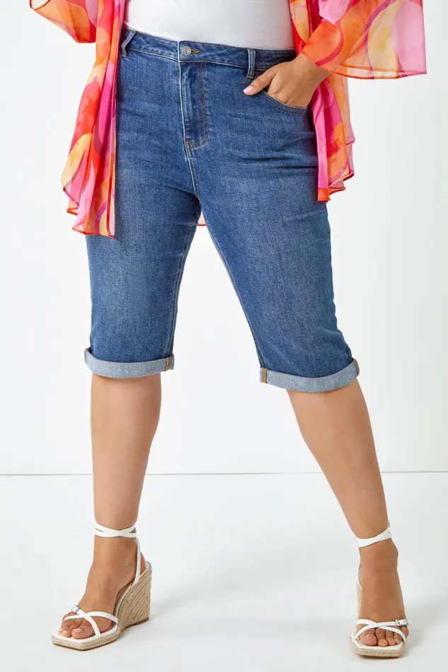 Blue Curve Stretch Knee Length Denim Shorts Women Roman Trousers
