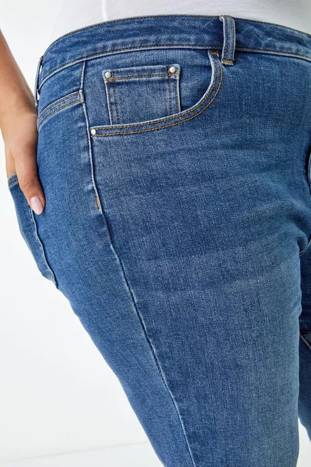 Blue Curve Stretch Knee Length Denim Shorts Women Roman Trousers