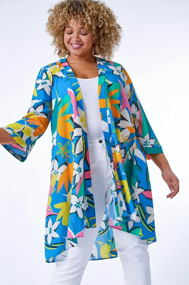 Blue Curve Tropical Print Longline Kimono Women Roman Jackets