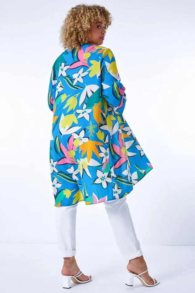 Blue Curve Tropical Print Longline Kimono Women Roman Jackets