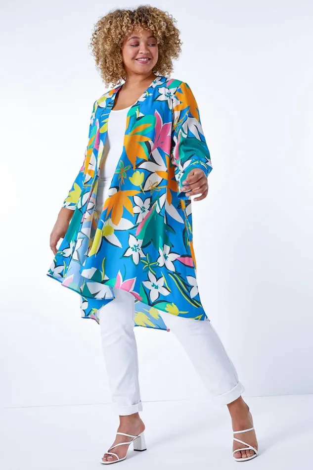 Blue Curve Tropical Print Longline Kimono Women Roman Jackets
