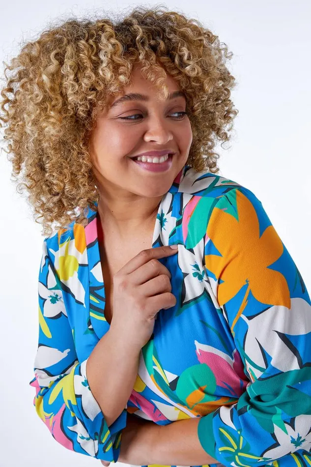 Blue Curve Tropical Print Longline Kimono Women Roman Jackets