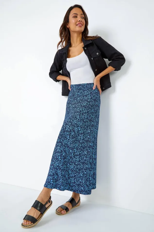 Blue Ditsy Floral Elastic Waist A Line Midi Skirt Women Roman Skirts