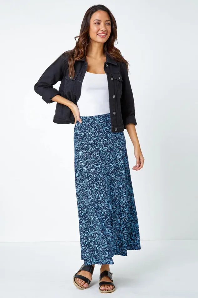 Blue Ditsy Floral Elastic Waist A Line Midi Skirt Women Roman Skirts