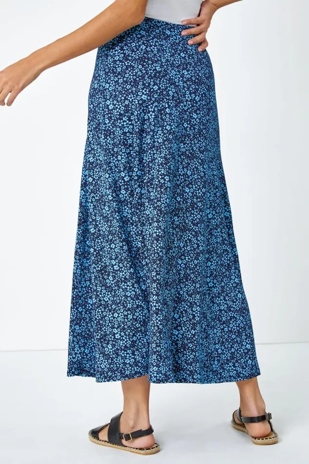Blue Ditsy Floral Elastic Waist A Line Midi Skirt Women Roman Skirts