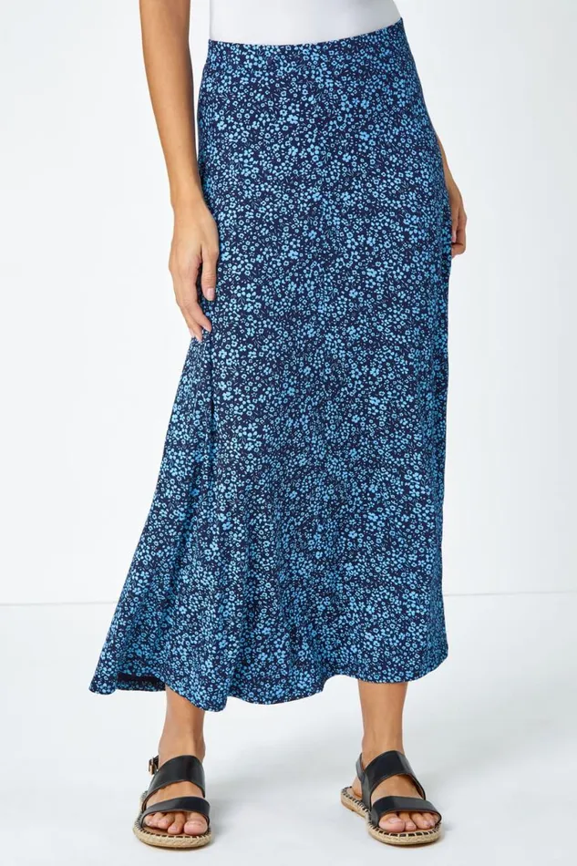 Blue Ditsy Floral Elastic Waist A Line Midi Skirt Women Roman Skirts