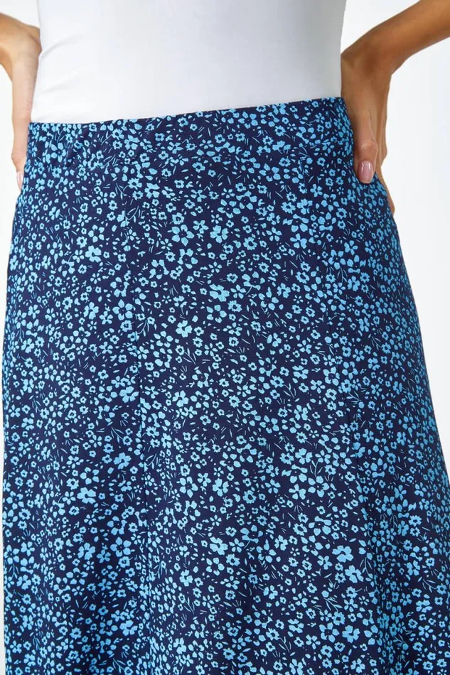 Blue Ditsy Floral Elastic Waist A Line Midi Skirt Women Roman Skirts