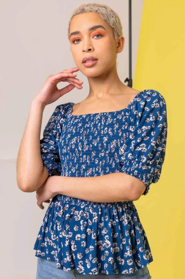 Blue Ditsy Floral Print Shirred Top Women Roman Tops