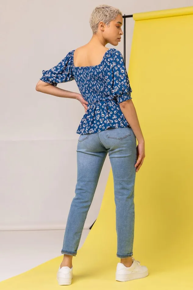 Blue Ditsy Floral Print Shirred Top Women Roman Tops