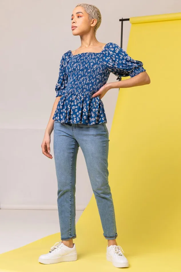 Blue Ditsy Floral Print Shirred Top Women Roman Tops