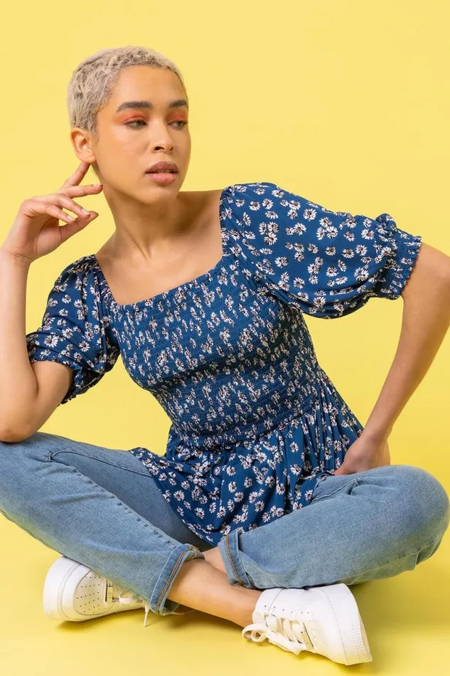 Blue Ditsy Floral Print Shirred Top Women Roman Tops