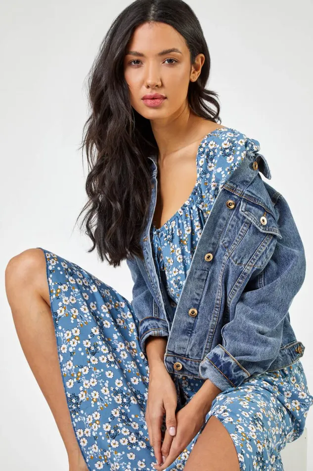 Blue Ditsy Floral Tie Neck Midi Dress Women Roman Dresses