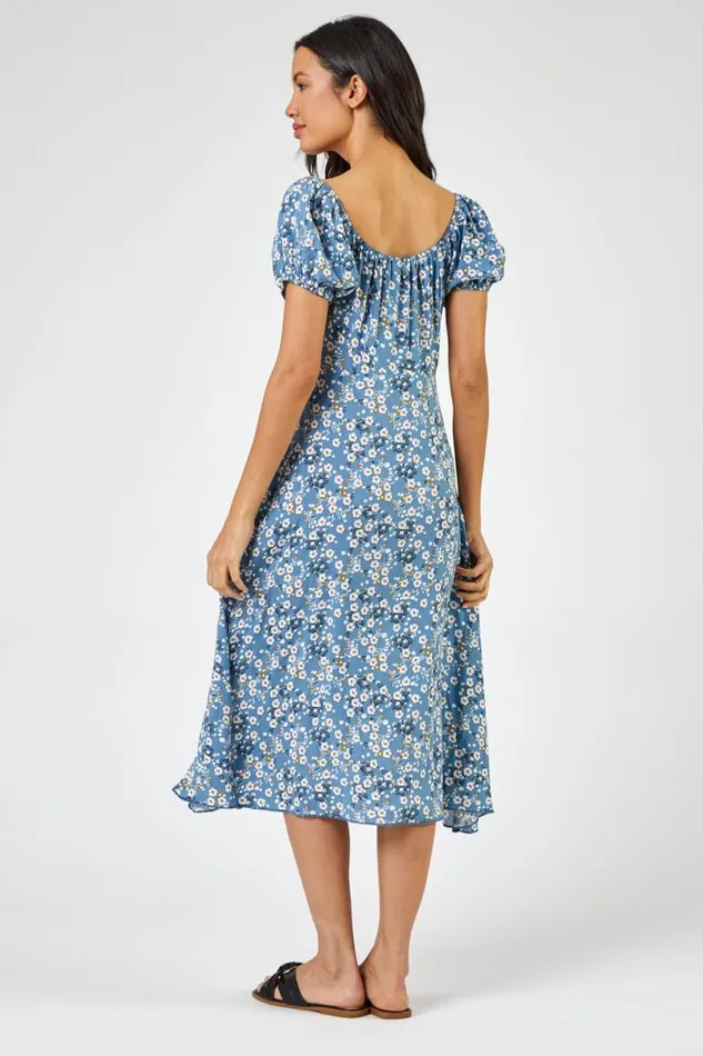 Blue Ditsy Floral Tie Neck Midi Dress Women Roman Dresses