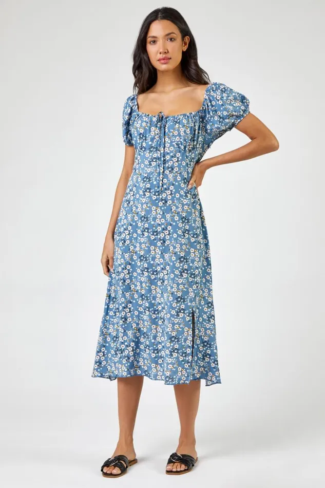 Blue Ditsy Floral Tie Neck Midi Dress Women Roman Dresses