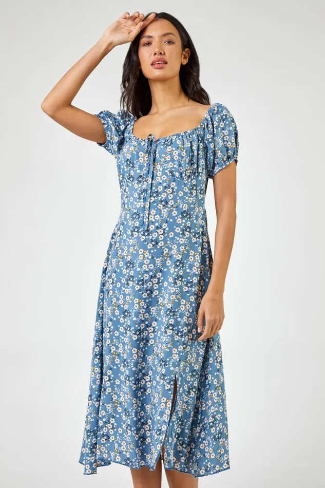 Blue Ditsy Floral Tie Neck Midi Dress Women Roman Dresses
