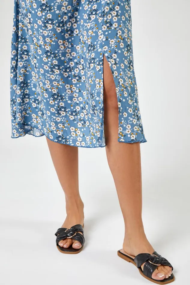 Blue Ditsy Floral Tie Neck Midi Dress Women Roman Dresses