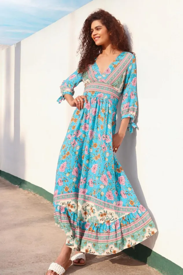 Blue Floral Border Print Maxi Dress Women Roman Dresses