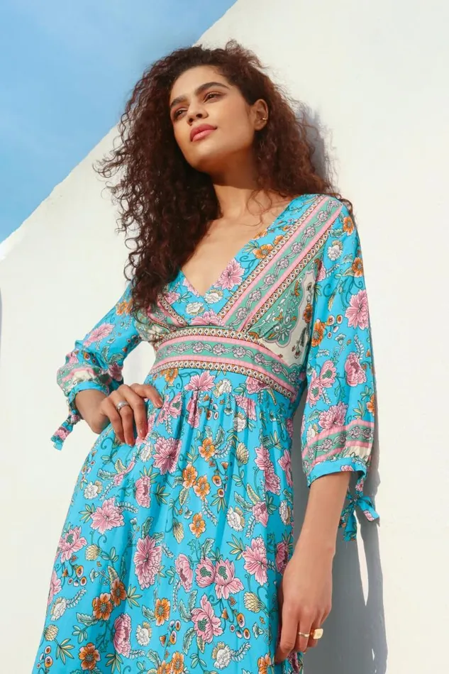 Blue Floral Border Print Maxi Dress Women Roman Dresses