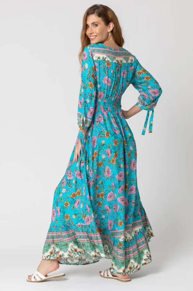 Blue Floral Border Print Maxi Dress Women Roman Dresses