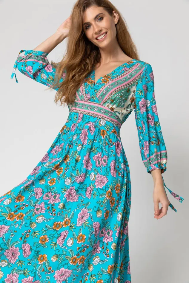 Blue Floral Border Print Maxi Dress Women Roman Dresses