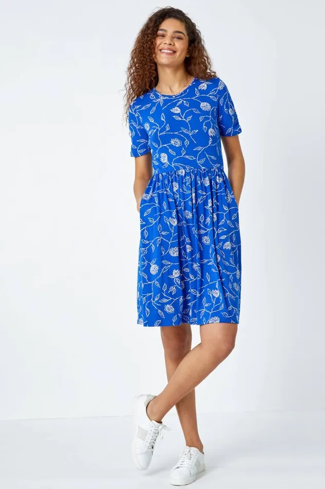 Blue Floral Pocket Stretch TShirt Dress Women Roman Dresses