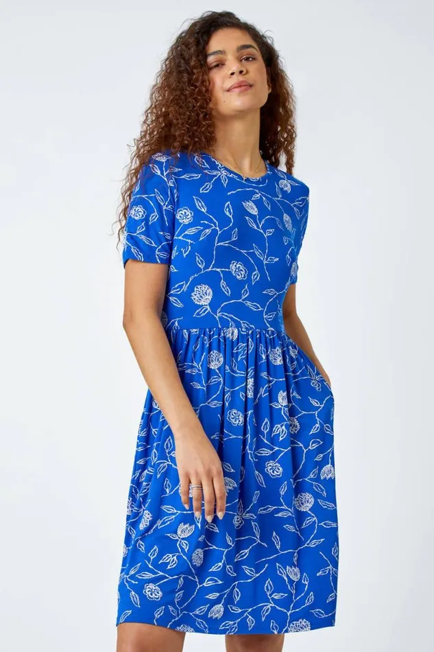 Blue Floral Pocket Stretch TShirt Dress Women Roman Dresses