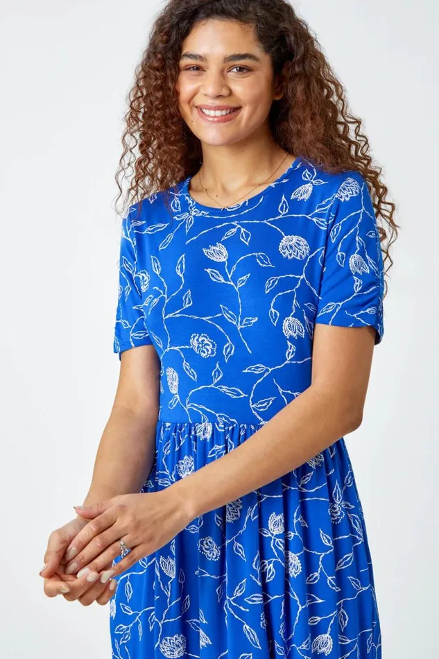 Blue Floral Pocket Stretch TShirt Dress Women Roman Dresses