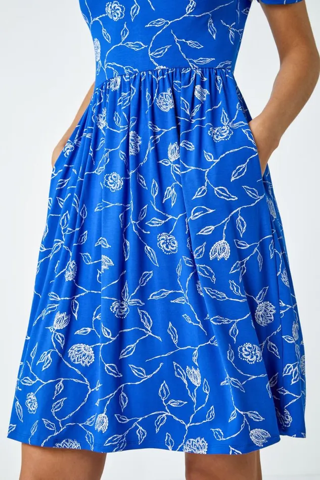 Blue Floral Pocket Stretch TShirt Dress Women Roman Dresses