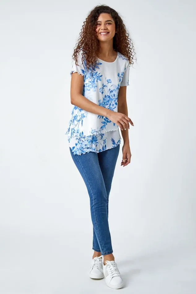 Blue Floral Print Asymmetric Hem Top Women Roman Tops