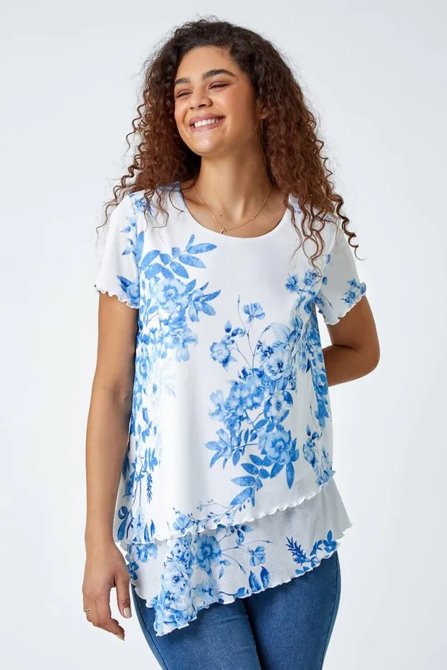 Blue Floral Print Asymmetric Hem Top Women Roman Tops