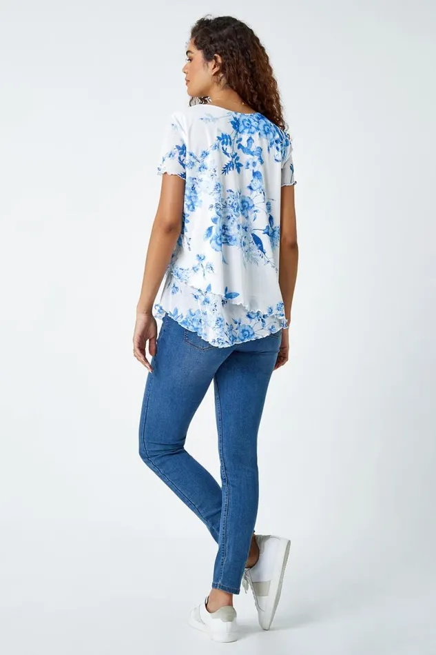 Blue Floral Print Asymmetric Hem Top Women Roman Tops