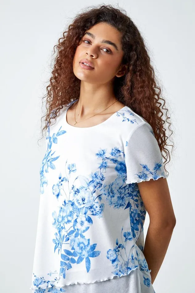 Blue Floral Print Asymmetric Hem Top Women Roman Tops