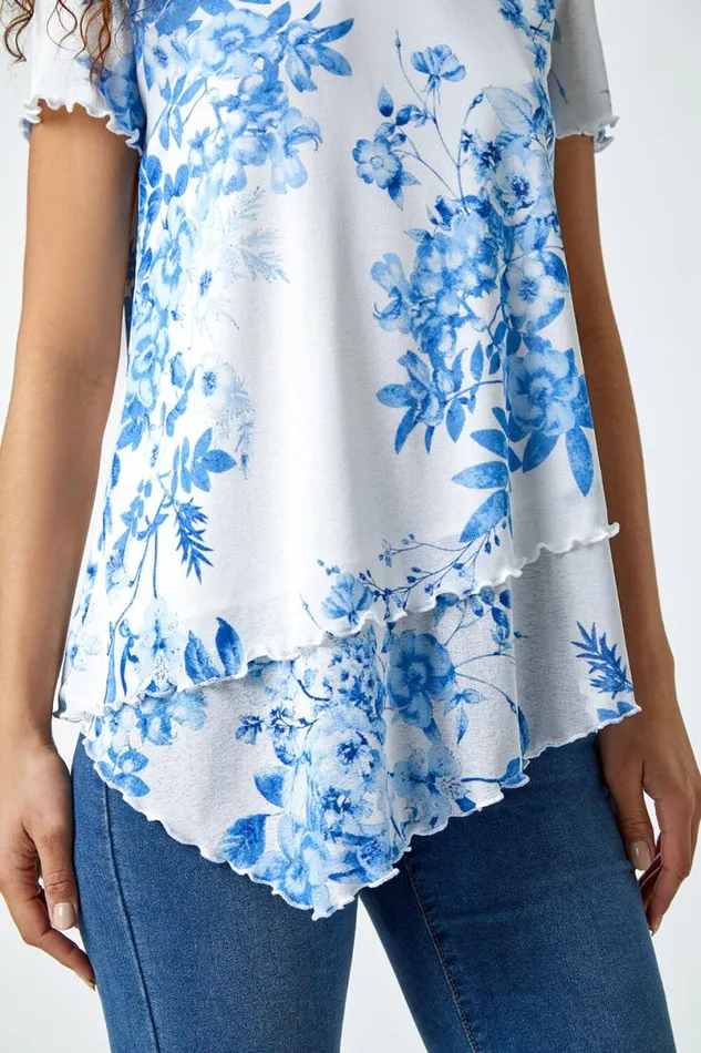 Blue Floral Print Asymmetric Hem Top Women Roman Tops