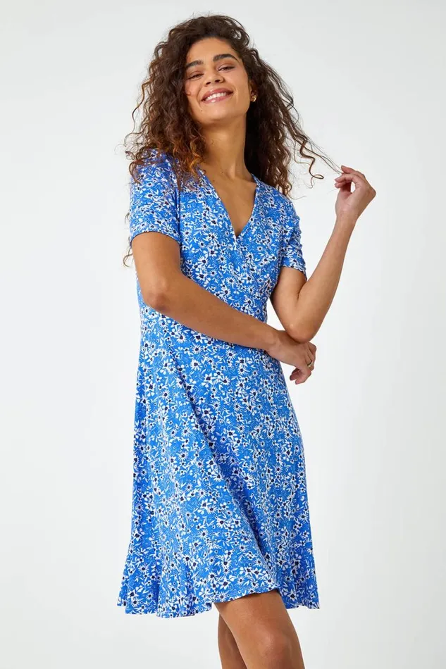 Blue Floral Print Wrap Dress Women Roman Dresses