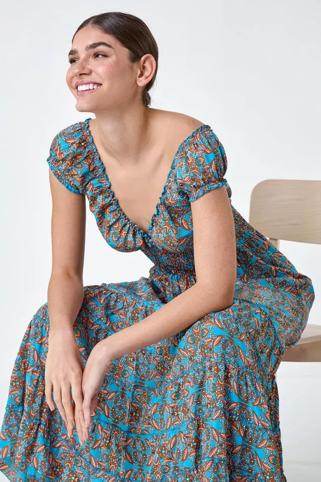 Blue Paisley Print Shirred Frill Maxi Dress Women Roman Dresses
